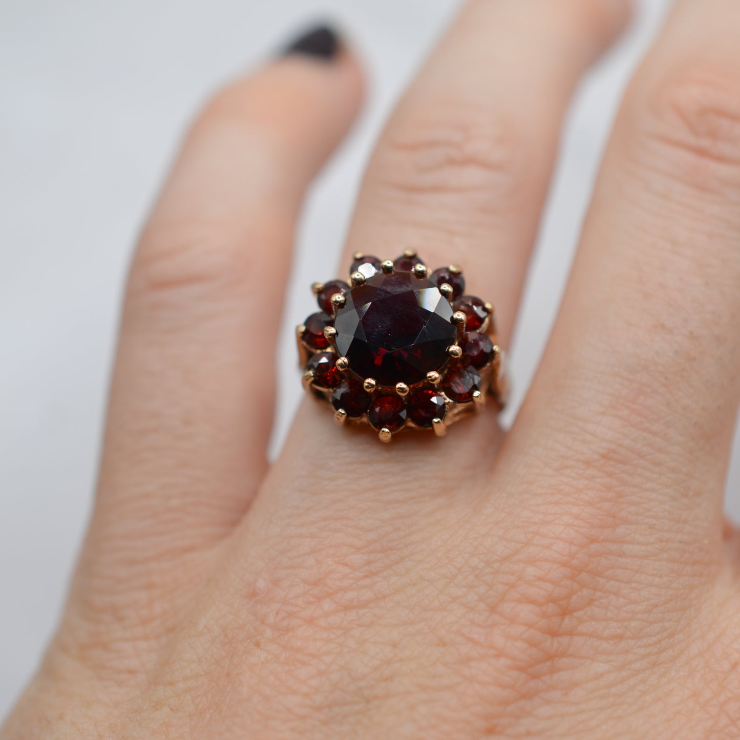 Large Chunky 1970s Vintage 9ct Gold Garnet Cluster Ring
