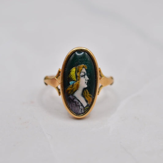 Antique Art Nouveau 18ct Gold French Limoges Enamel Ring (Louis Clément)