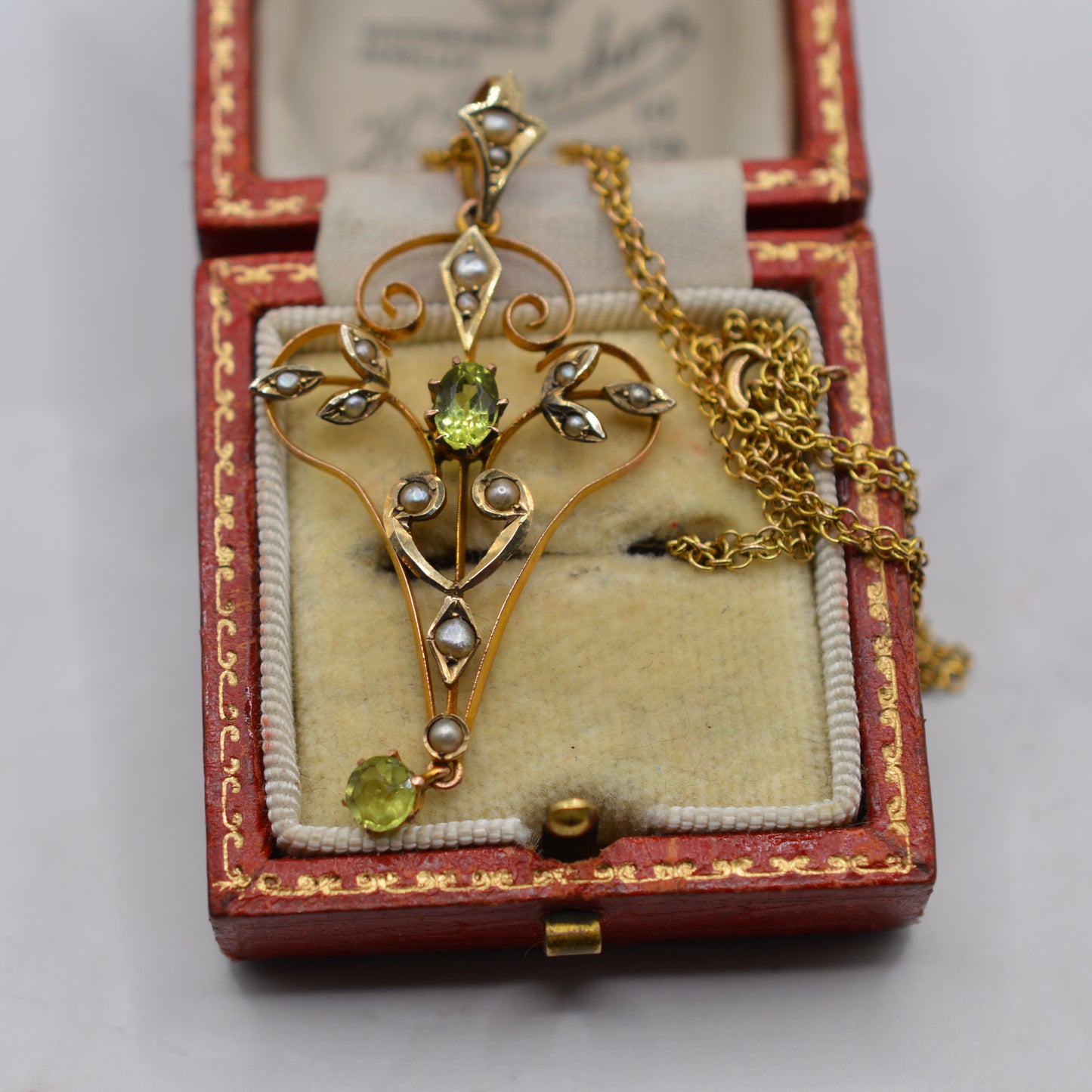 Antique Art Nouveau 1890s 9ct Gold Peridot & Seed Pearl Lavalier Pendant Necklace, 16"