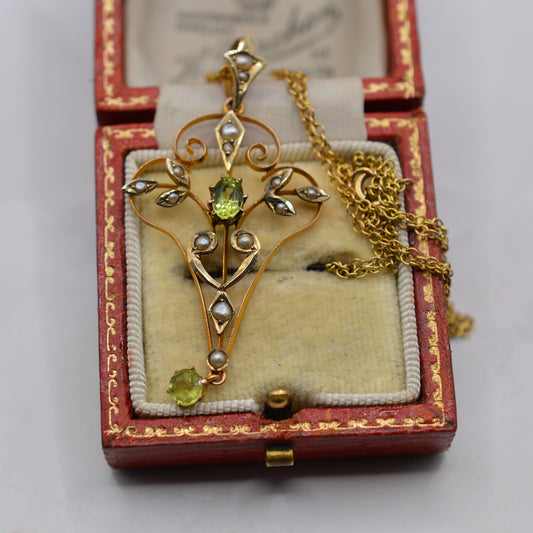 Antique Art Nouveau 1890s 9ct Gold Peridot & Seed Pearl Lavalier Pendant Necklace, 16"