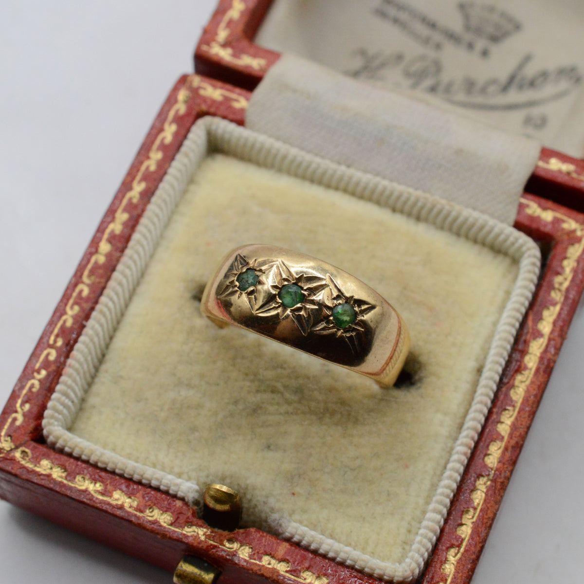 1970s Vintage 9ct Gold Emerald Trilogy Gypsy Ring