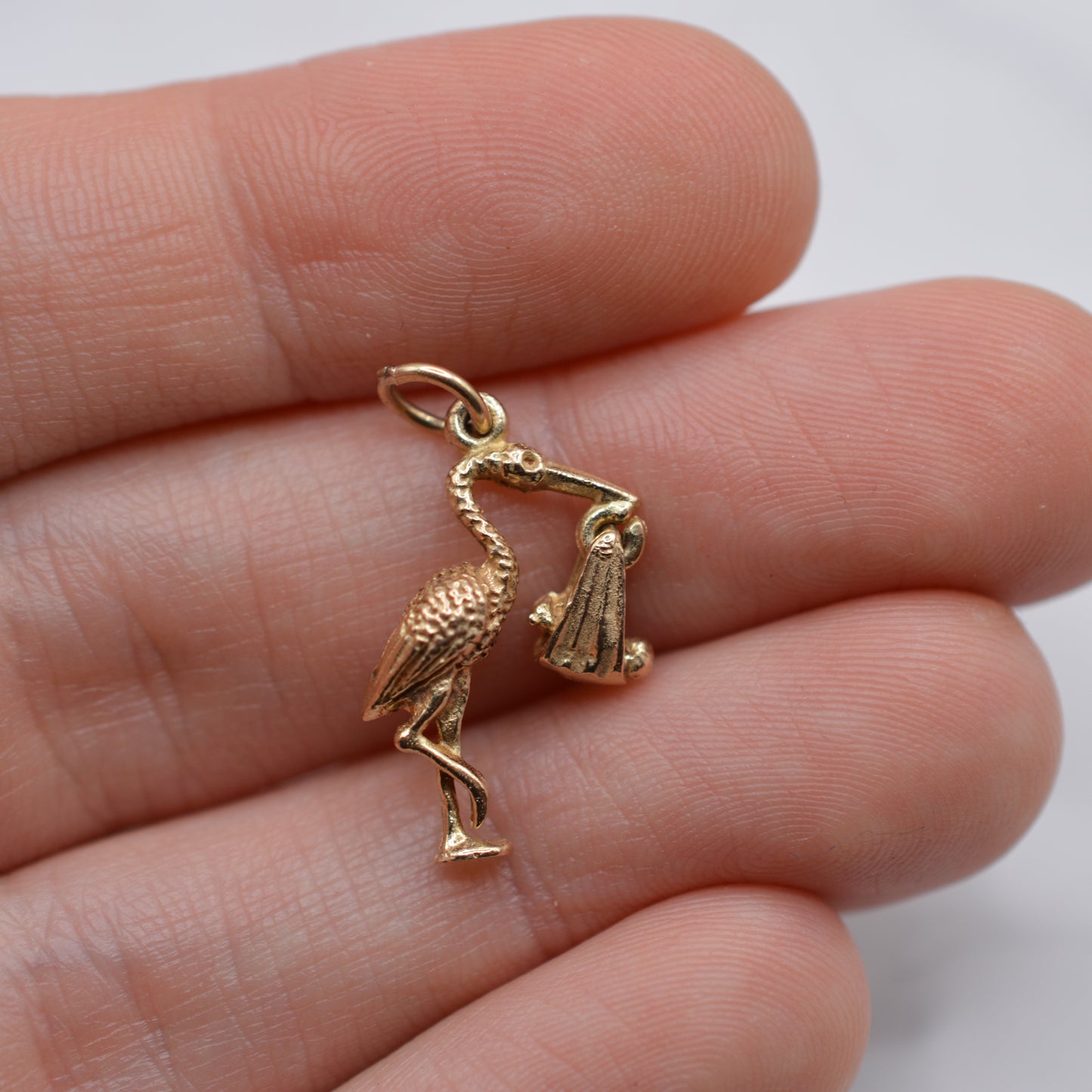1970s Vintage 9ct Gold Stork Carrying Baby Charm