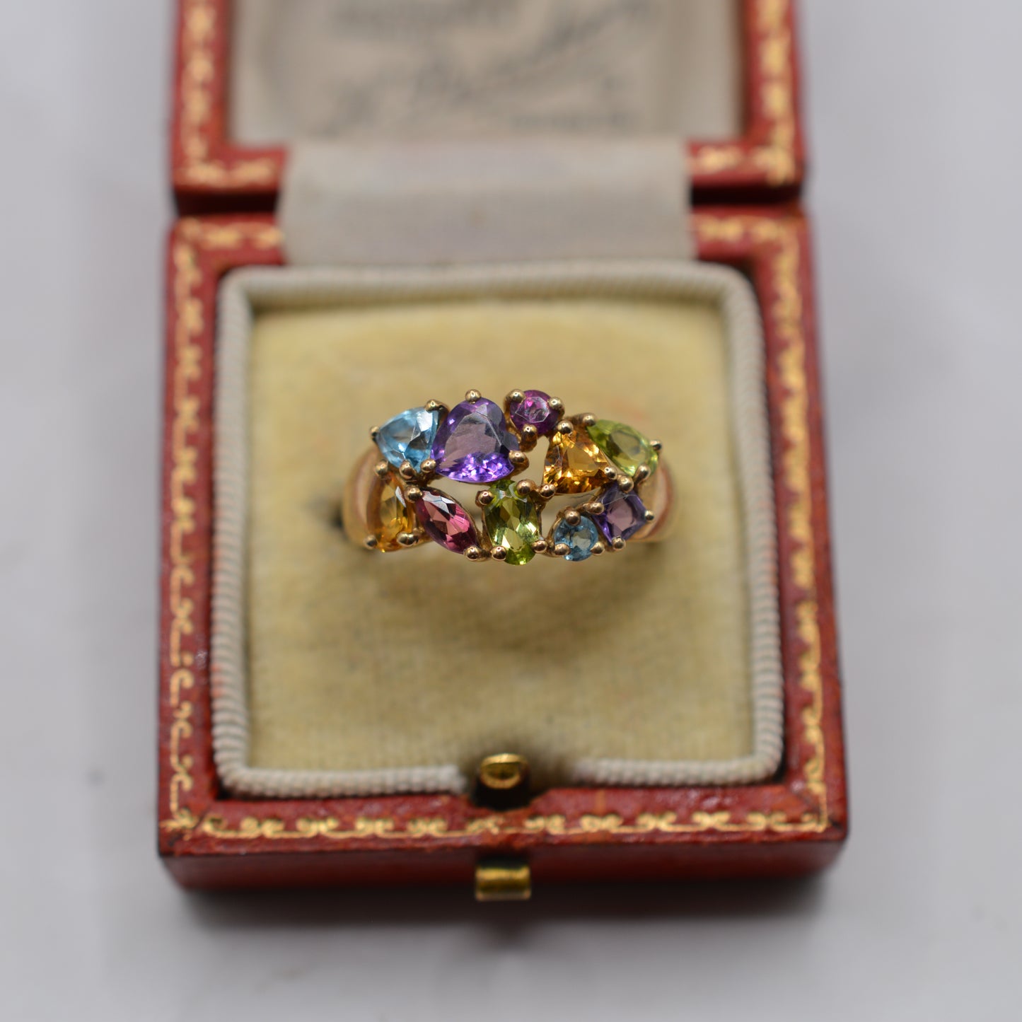 Chunky Y2K 9ct Gold Multi-Gem Ring, Peridot, Citrine, Garnet, Amethyst & Topaz