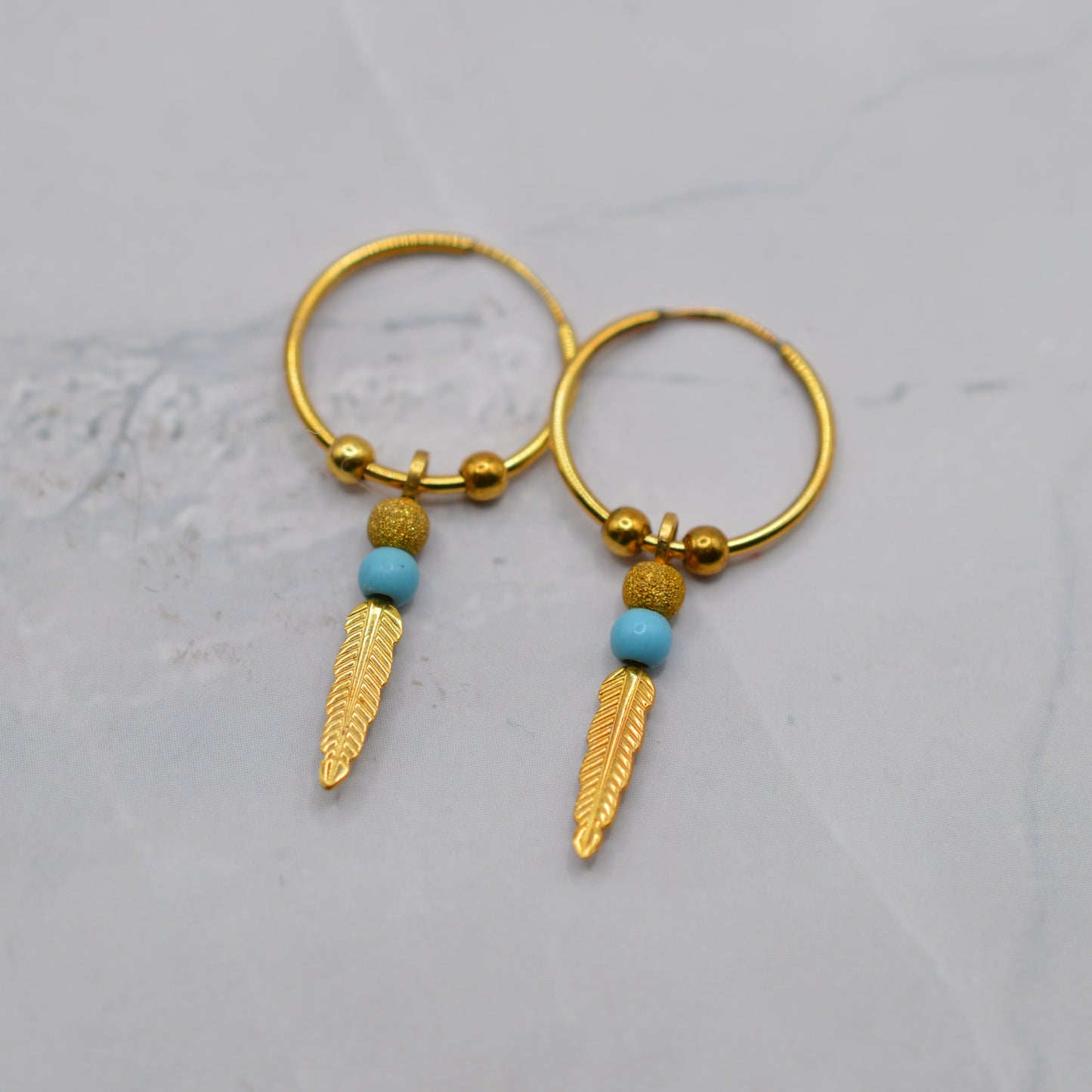 9ct Gold Feather & Turquoise Bracelet & Hoop Earrings Set