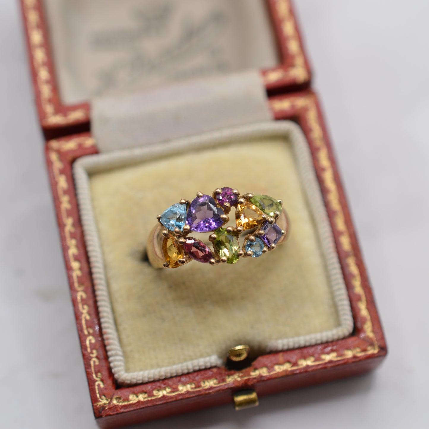 Chunky Y2K 9ct Gold Multi-Gem Ring, Peridot, Citrine, Garnet, Amethyst & Topaz