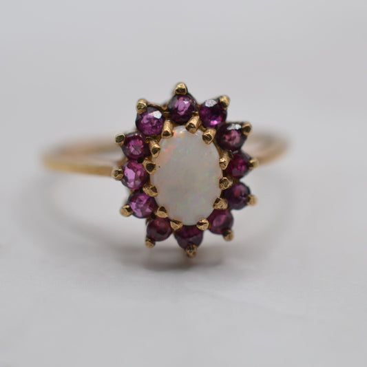 1970s Vintage 9ct Gold Opal & Ruby Cluster Ring