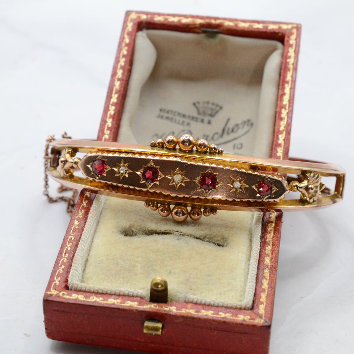 Antique Edwardian 1903 9ct Gold Ruby & Diamond Bangle Bracelet, Etruscan Revival