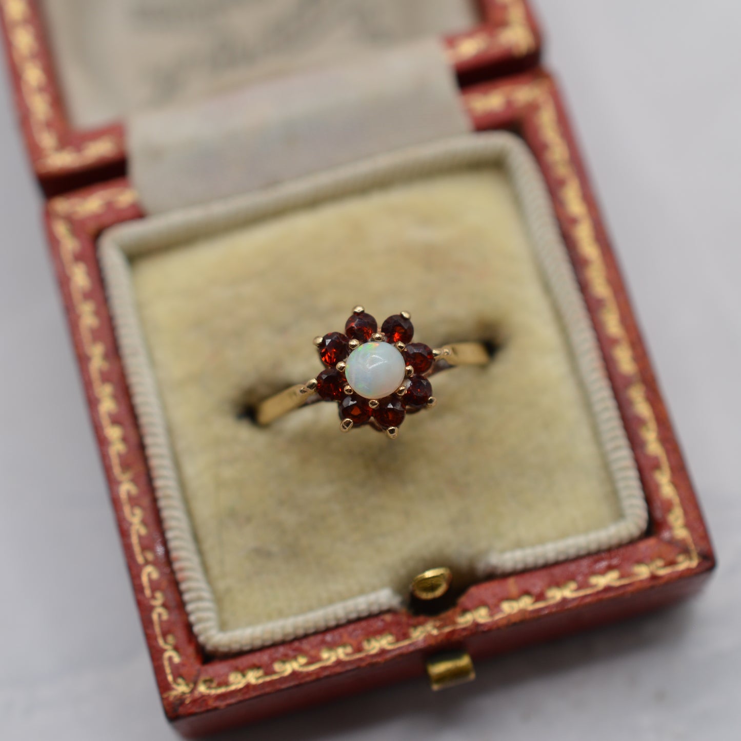 1980s 9ct Gold Opal & Garnet Cluster Ring