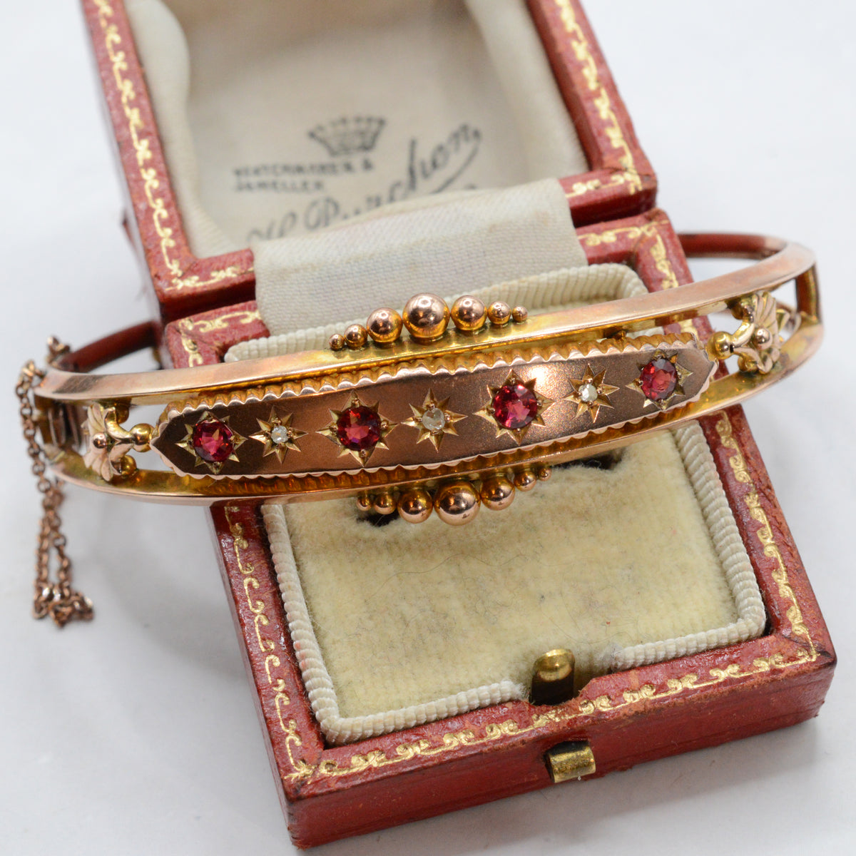 Antique Edwardian 1903 9ct Gold Ruby & Diamond Bangle Bracelet, Etruscan Revival