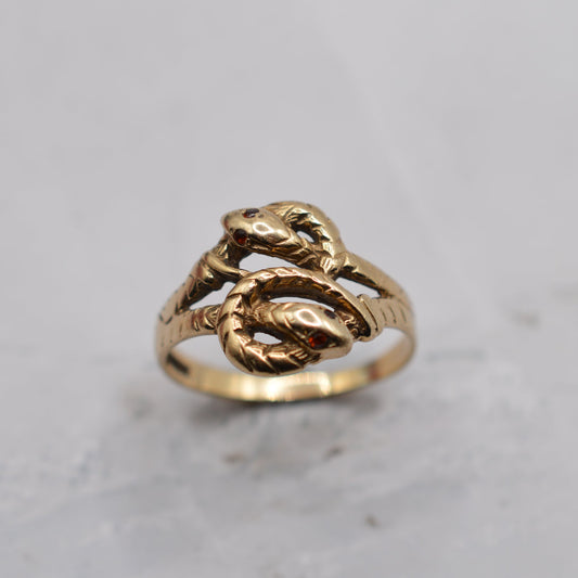 Chunky Vintage 9ct Gold Garnet Double Snake Ring