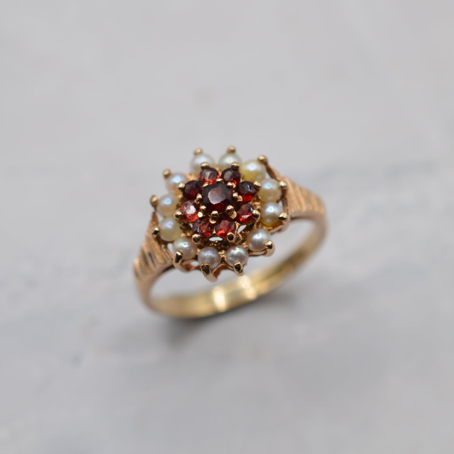 1970s Vintage 9ct Gold Garnet & Pearl Cluster Ring