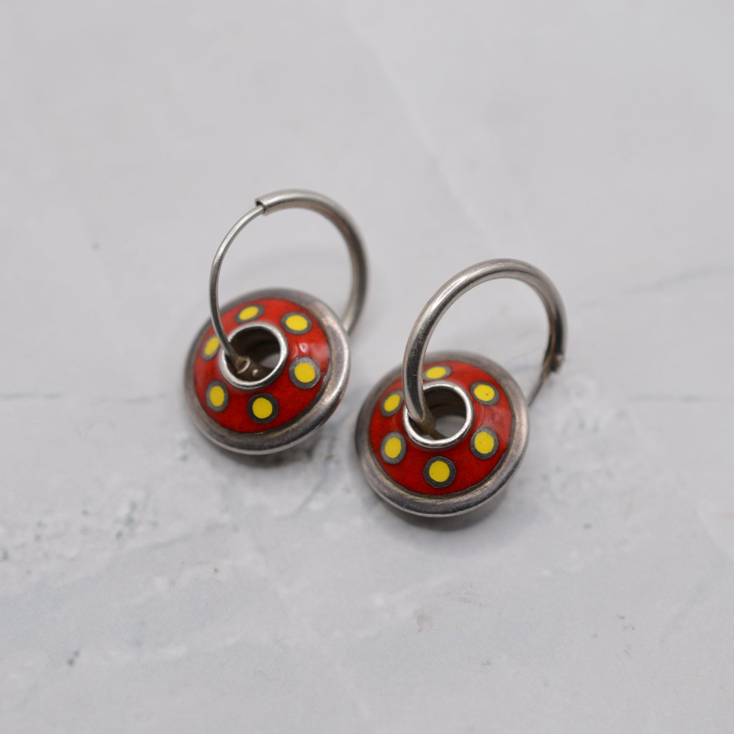 1990s Sterling Silver Red & Yellow Enamel Hoop Dangle Earrings