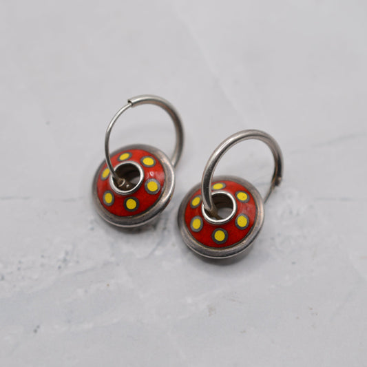 1990s Sterling Silver Red & Yellow Enamel Hoop Dangle Earrings