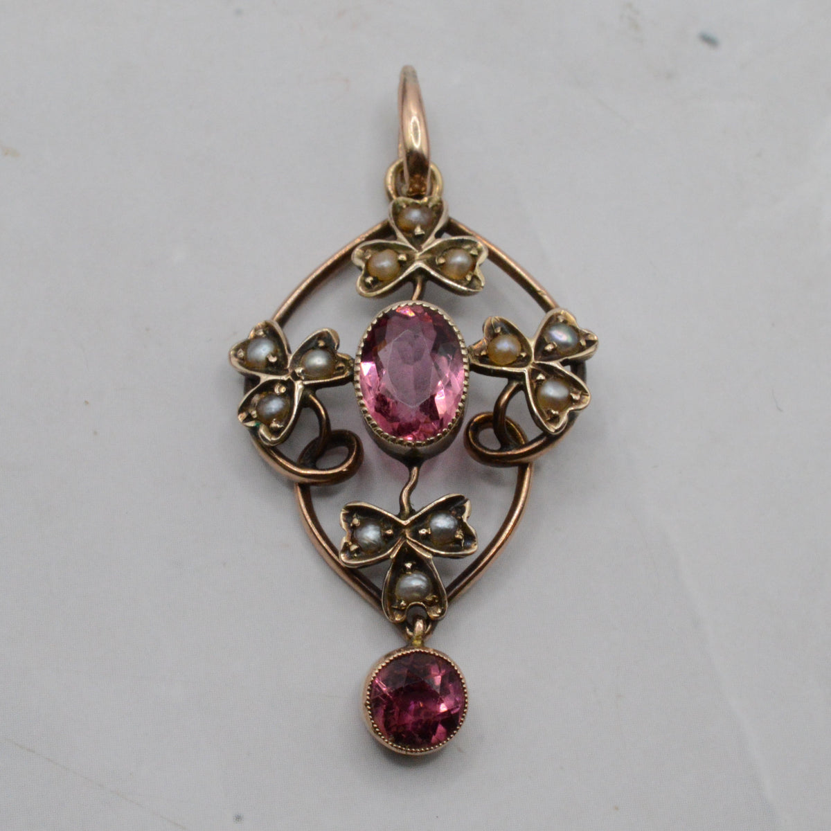 Antique Art Nouveau 9ct Gold Pink Tourmaline & Pearl Pendant
