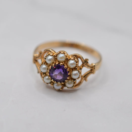 1980s Vintage 9ct Gold Amethyst & Pearl Floral Cluster Ring