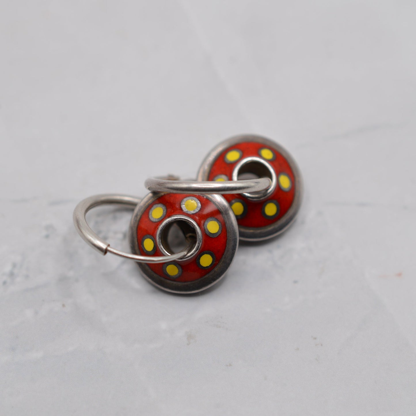 1990s Sterling Silver Red & Yellow Enamel Hoop Dangle Earrings