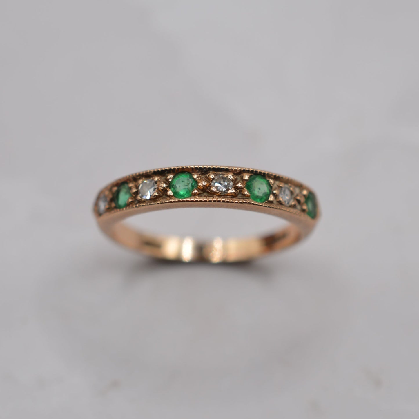 1980s Vintage 9ct Gold Emerald & Diamond Half-Eternity Ring