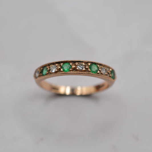 1980s Vintage 9ct Gold Emerald & Diamond Half-Eternity Ring