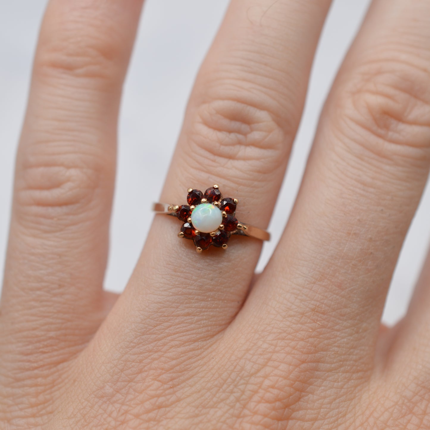 1980s 9ct Gold Opal & Garnet Cluster Ring