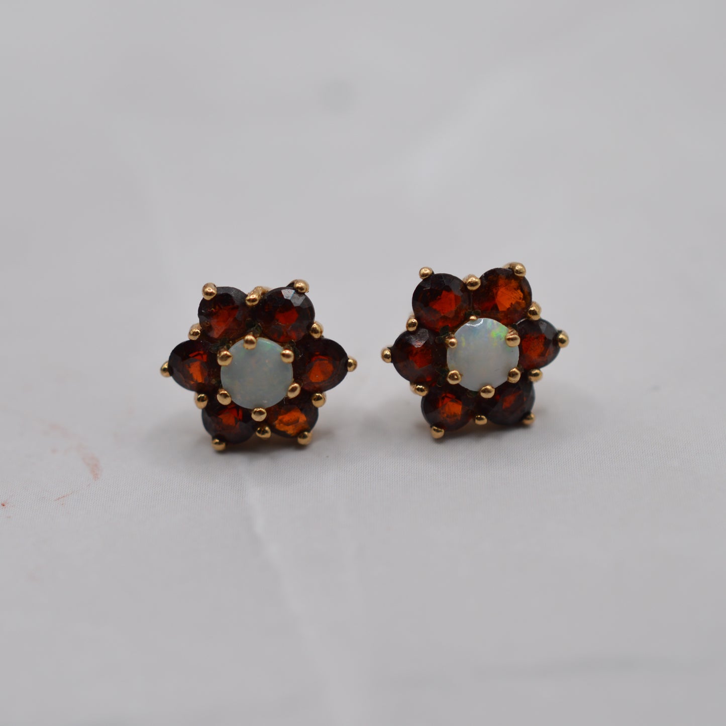 9ct Gold Opal & Garnet Floral Cluster Stud Earrings