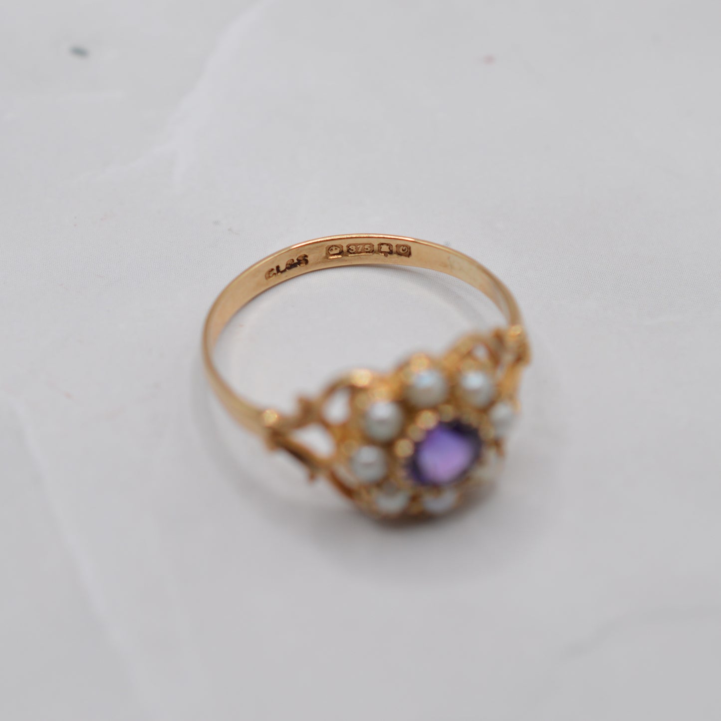 1980s Vintage 9ct Gold Amethyst & Pearl Floral Cluster Ring