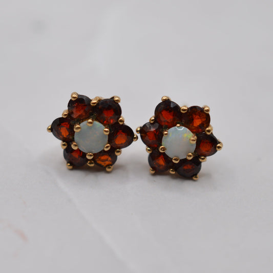 9ct Gold Opal & Garnet Floral Cluster Stud Earrings