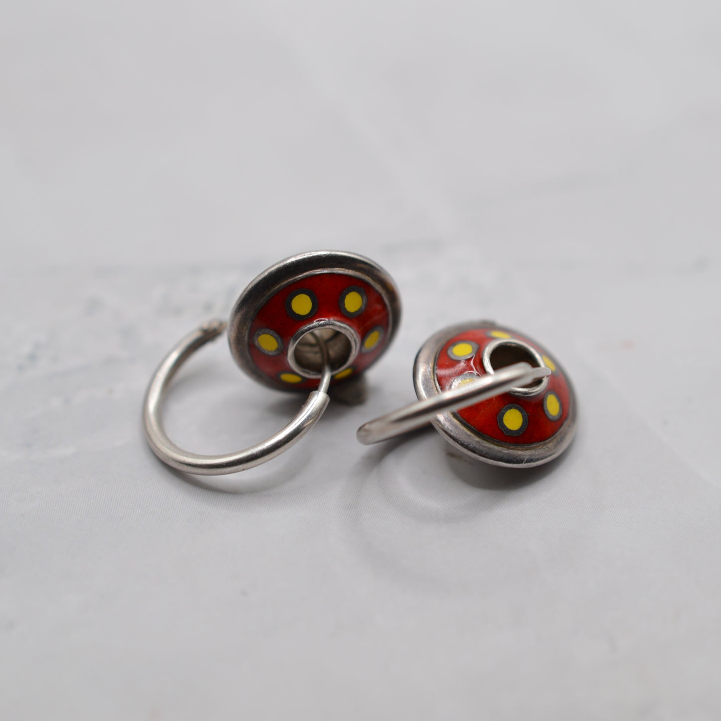 1990s Sterling Silver Red & Yellow Enamel Hoop Dangle Earrings