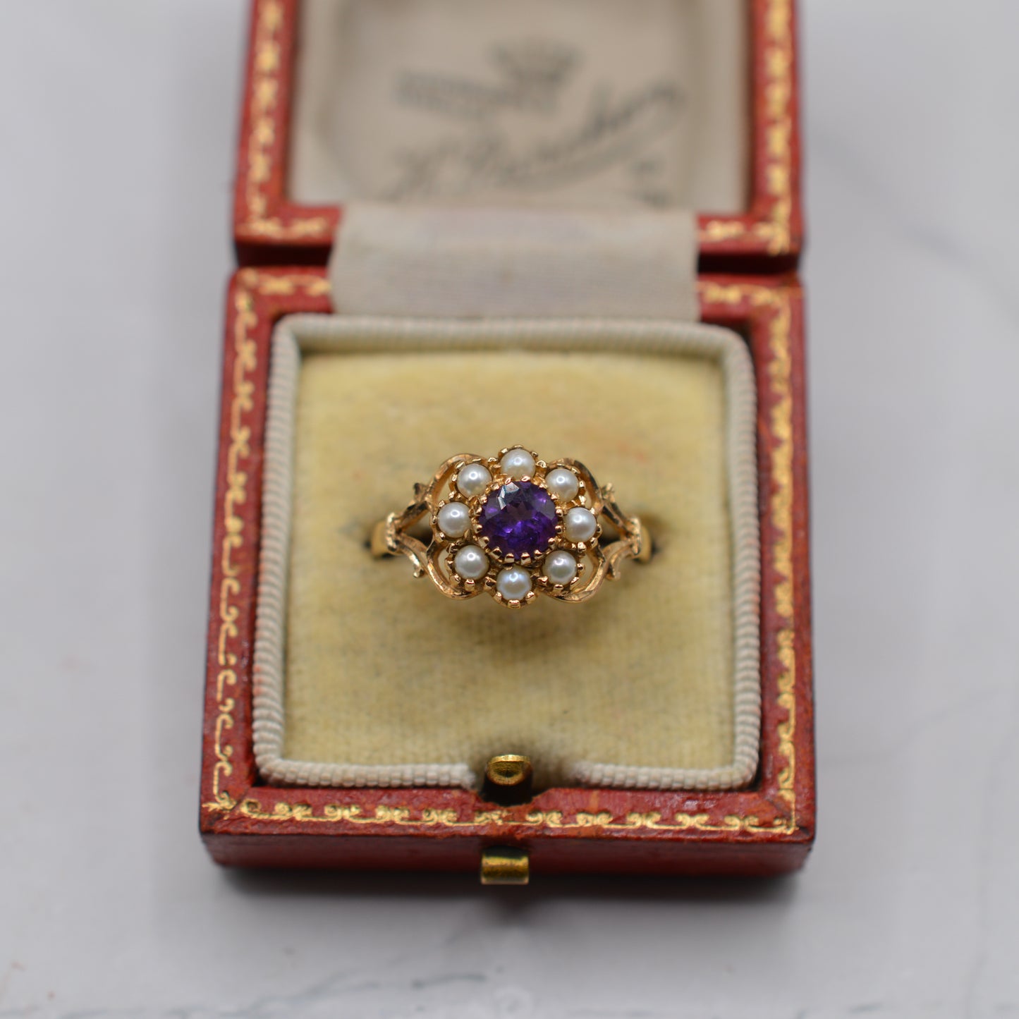 1980s Vintage 9ct Gold Amethyst & Pearl Floral Cluster Ring