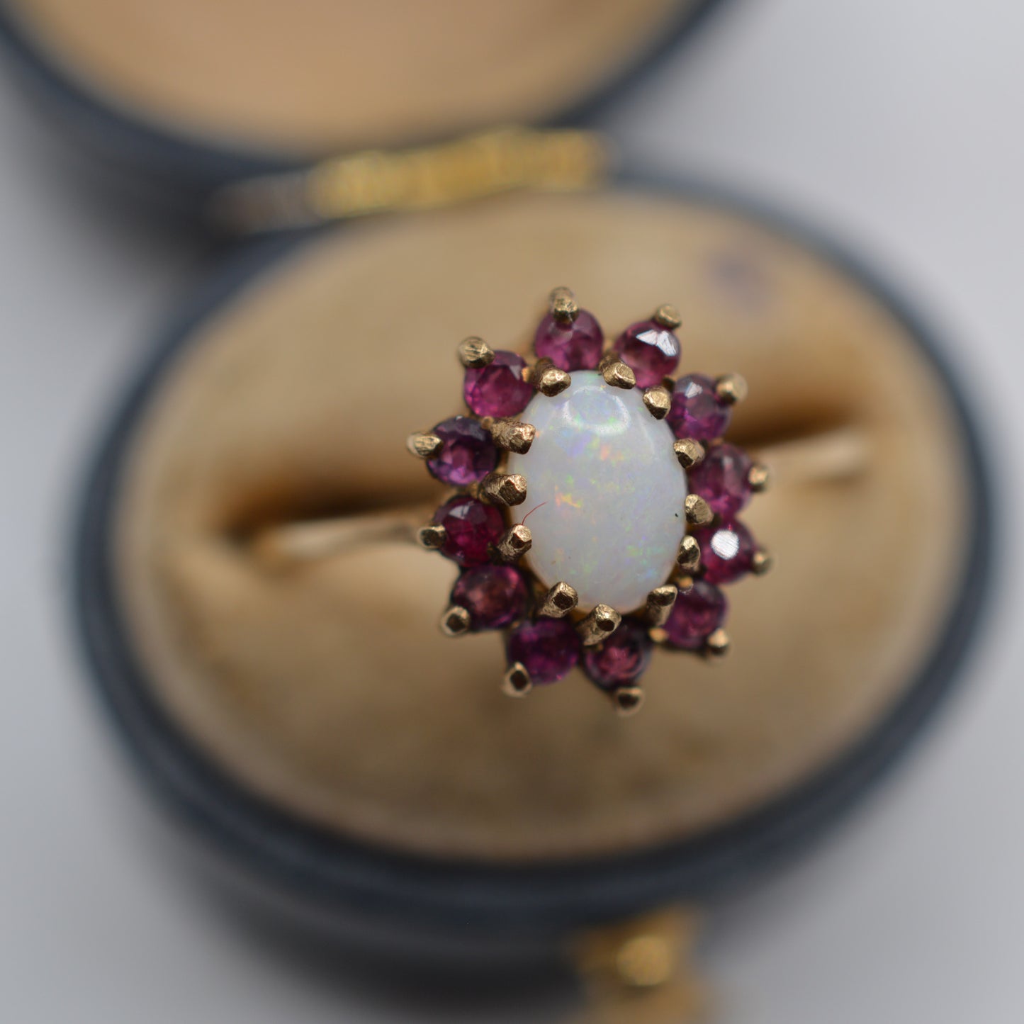 1970s Vintage 9ct Gold Opal & Ruby Cluster Ring