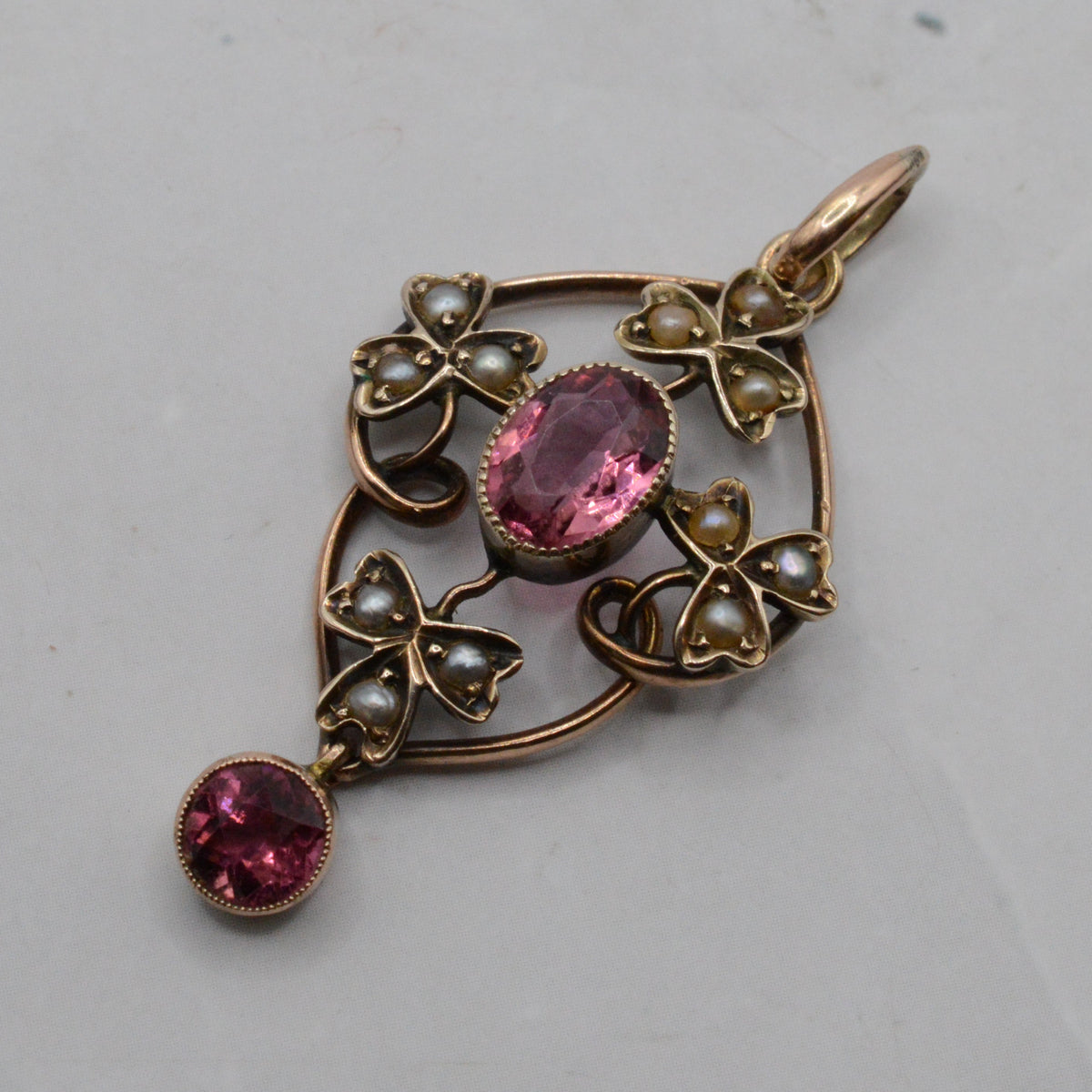 Antique Art Nouveau 9ct Gold Pink Tourmaline & Pearl Pendant