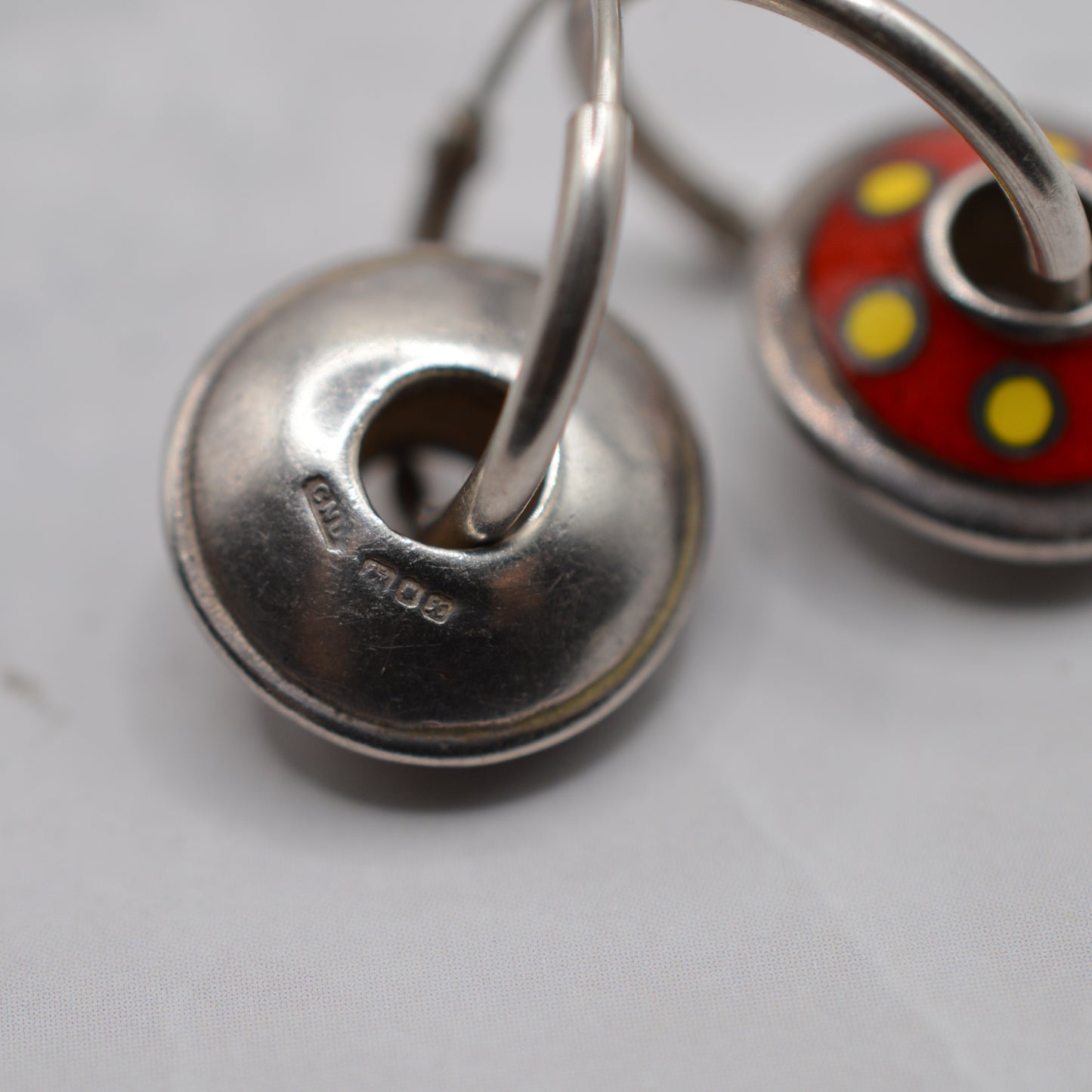 1990s Sterling Silver Red & Yellow Enamel Hoop Dangle Earrings