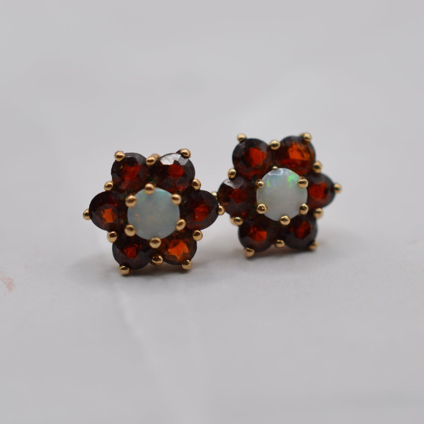 9ct Gold Opal & Garnet Floral Cluster Stud Earrings