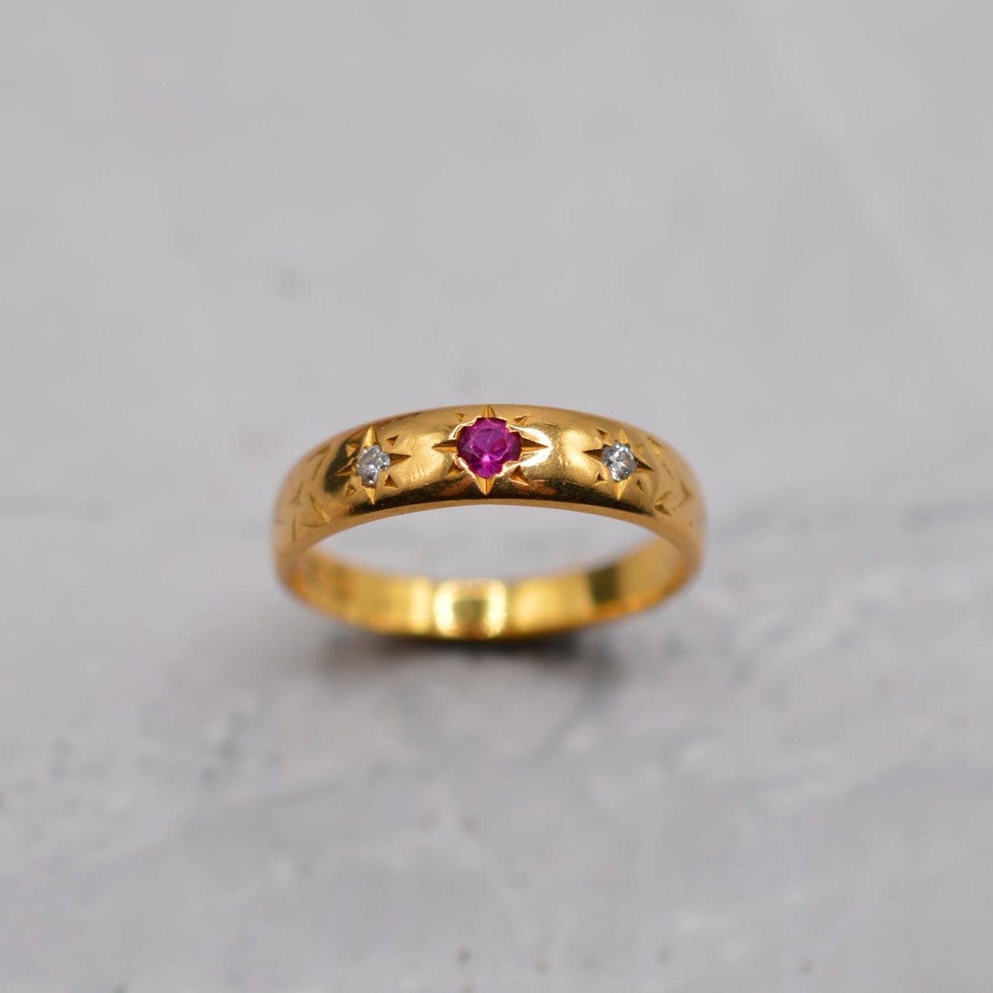1950s Vintage 22ct Gold Ruby & Diamond Gypsy Trilogy Ring
