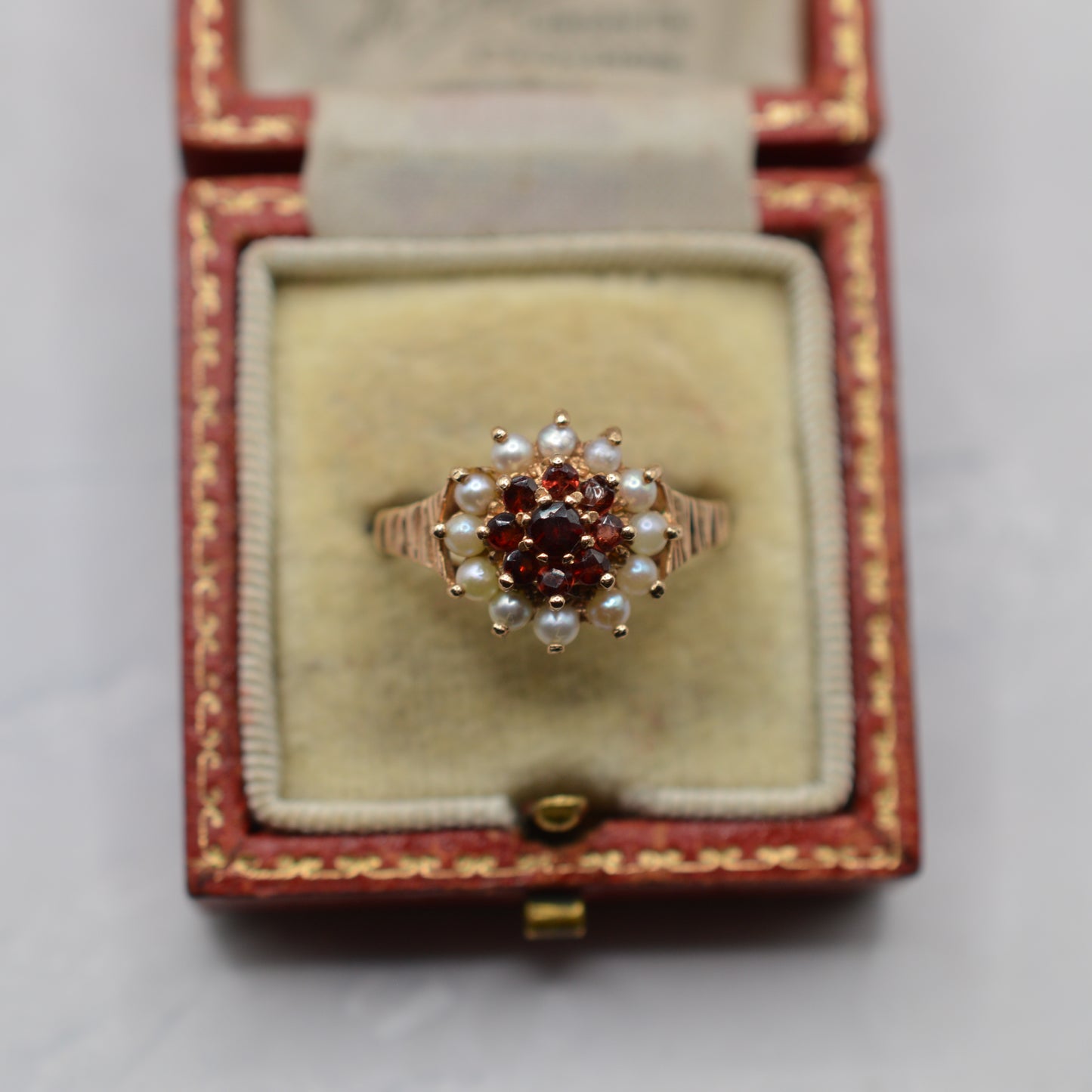 1970s Vintage 9ct Gold Garnet & Pearl Cluster Ring