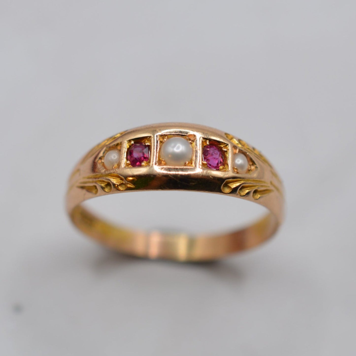 1890s Late Victorian Antique 15ct Gold Ruby & Pearl Gypsy Ring