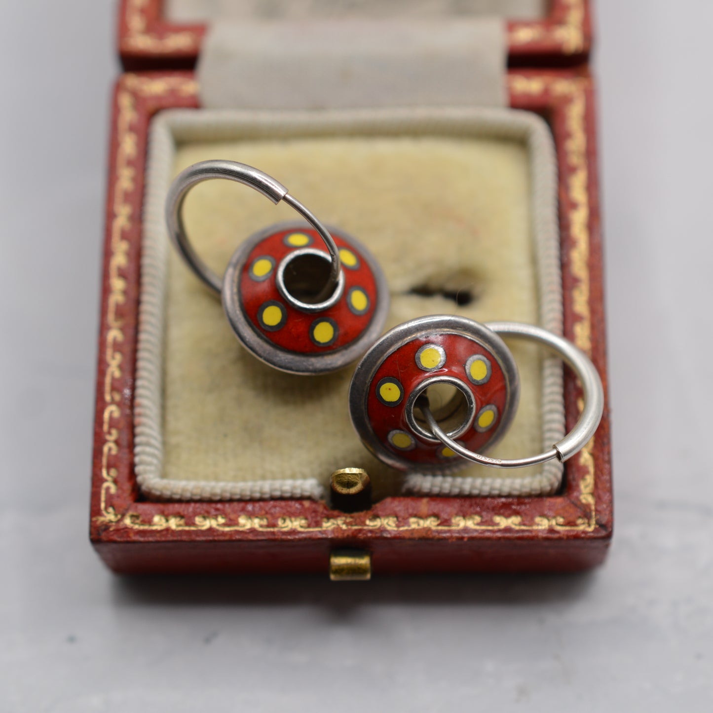 1990s Sterling Silver Red & Yellow Enamel Hoop Dangle Earrings