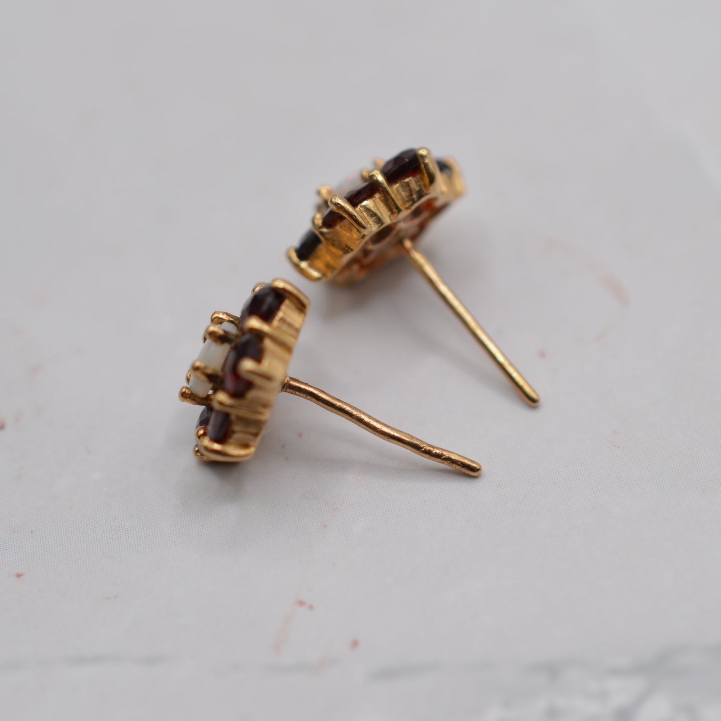 9ct Gold Opal & Garnet Floral Cluster Stud Earrings