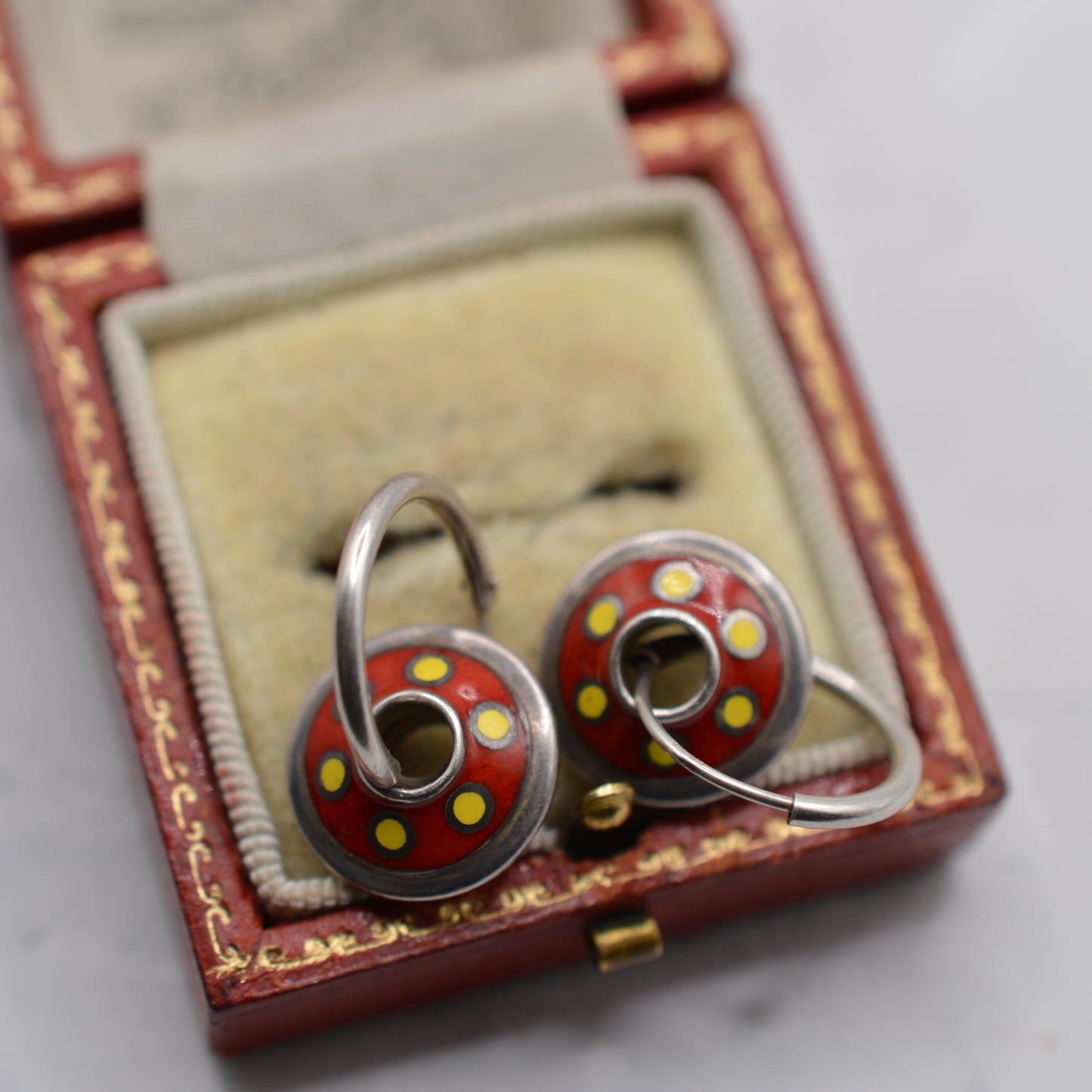 1990s Sterling Silver Red & Yellow Enamel Hoop Dangle Earrings