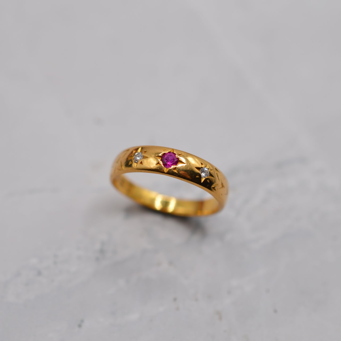 1950s Vintage 22ct Gold Ruby & Diamond Gypsy Trilogy Ring