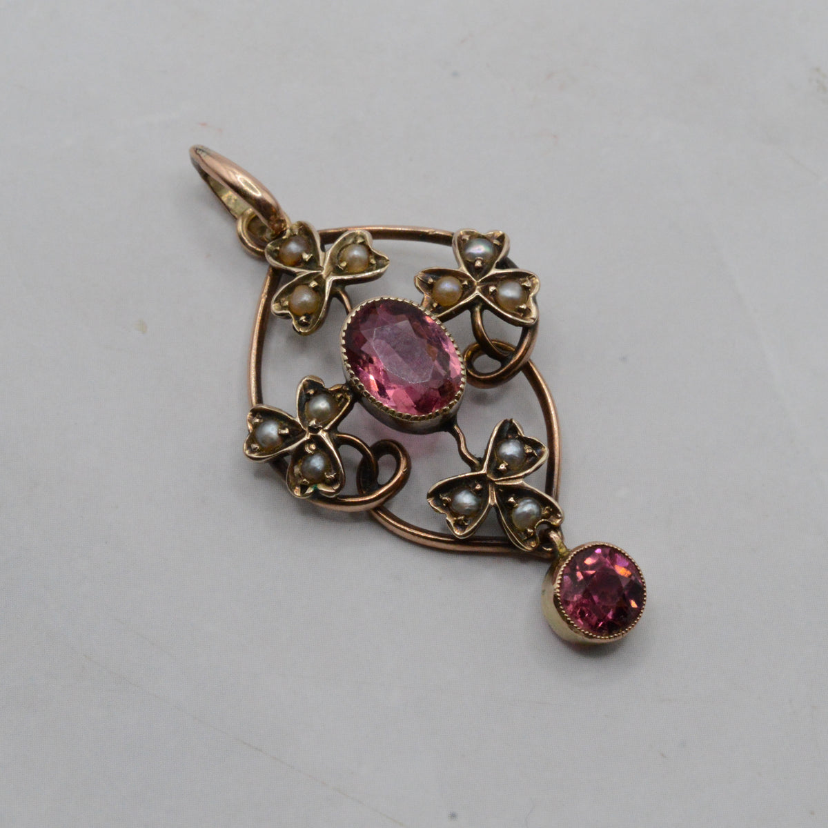Antique Art Nouveau 9ct Gold Pink Tourmaline & Pearl Pendant