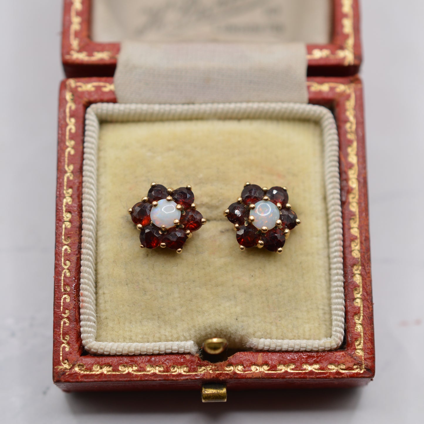 9ct Gold Opal & Garnet Floral Cluster Stud Earrings