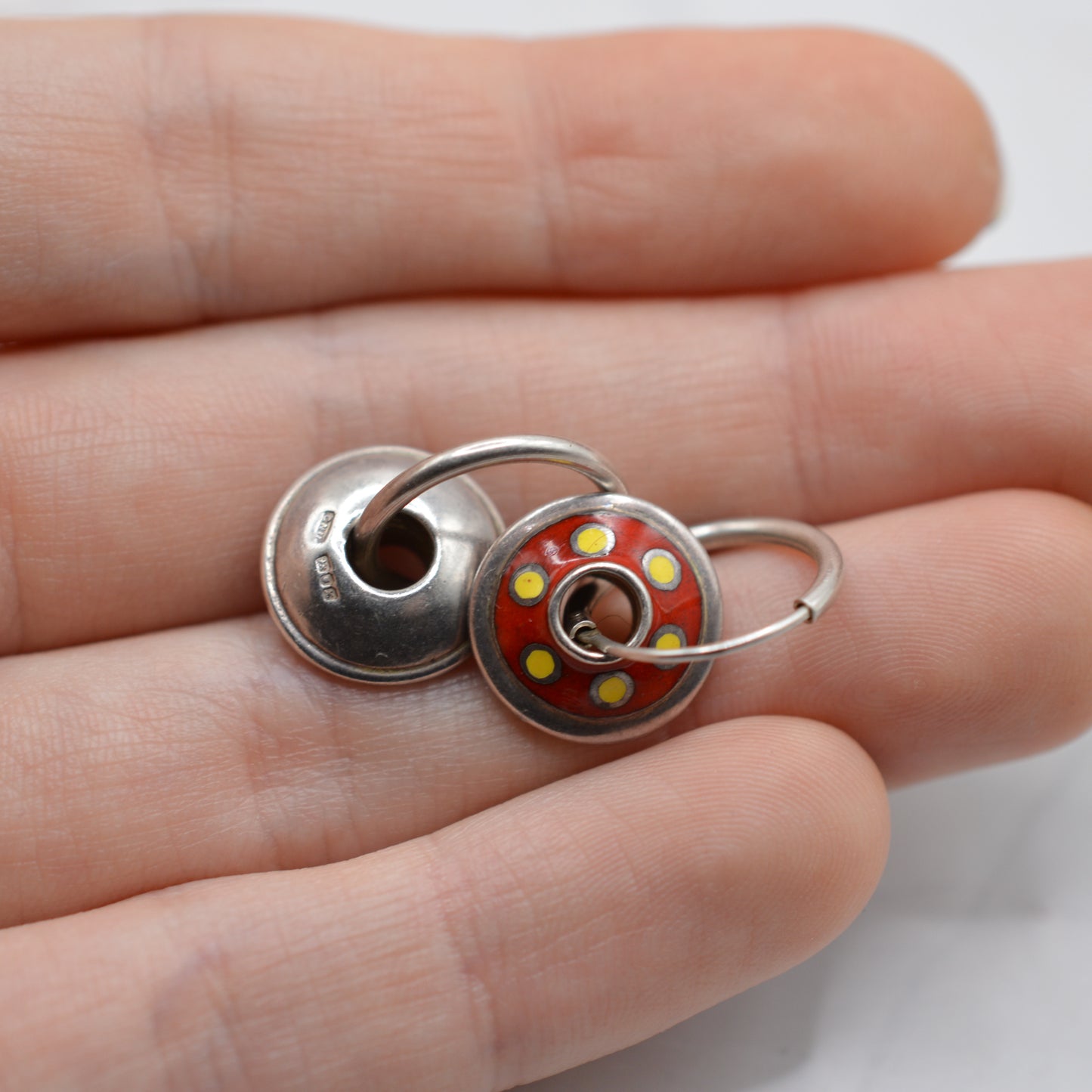 1990s Sterling Silver Red & Yellow Enamel Hoop Dangle Earrings