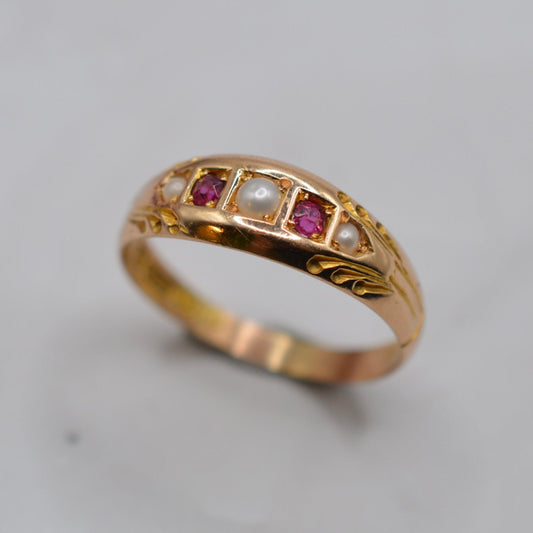 1890s Late Victorian Antique 15ct Gold Ruby & Pearl Gypsy Ring