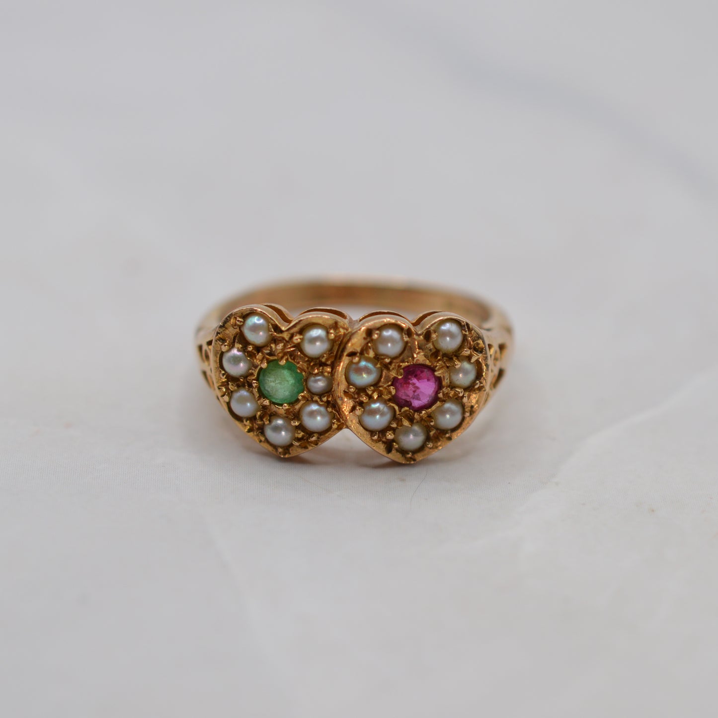 1970s Vintage 9ct Gold Emerald, Ruby & Pearl Double Heart Ring