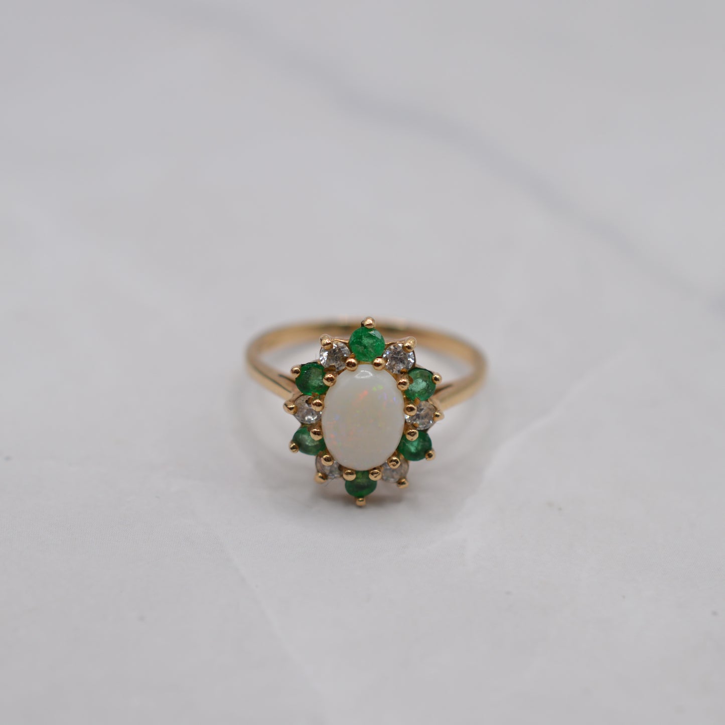 9ct Gold Opal, Emerald & CZ Cluster Ring