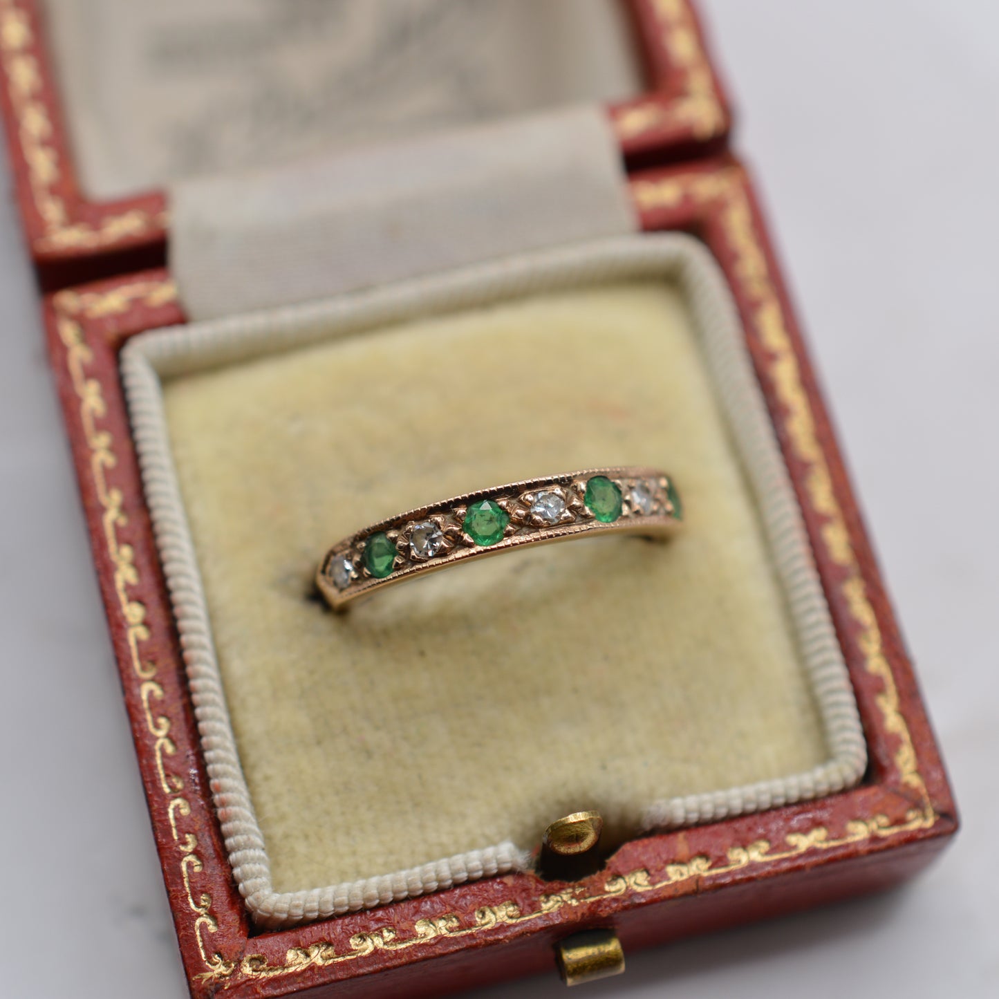1980s Vintage 9ct Gold Emerald & Diamond Half-Eternity Ring