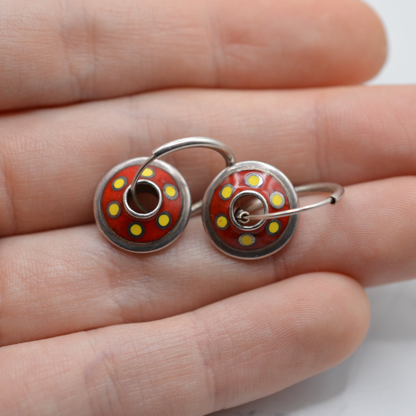 1990s Sterling Silver Red & Yellow Enamel Hoop Dangle Earrings
