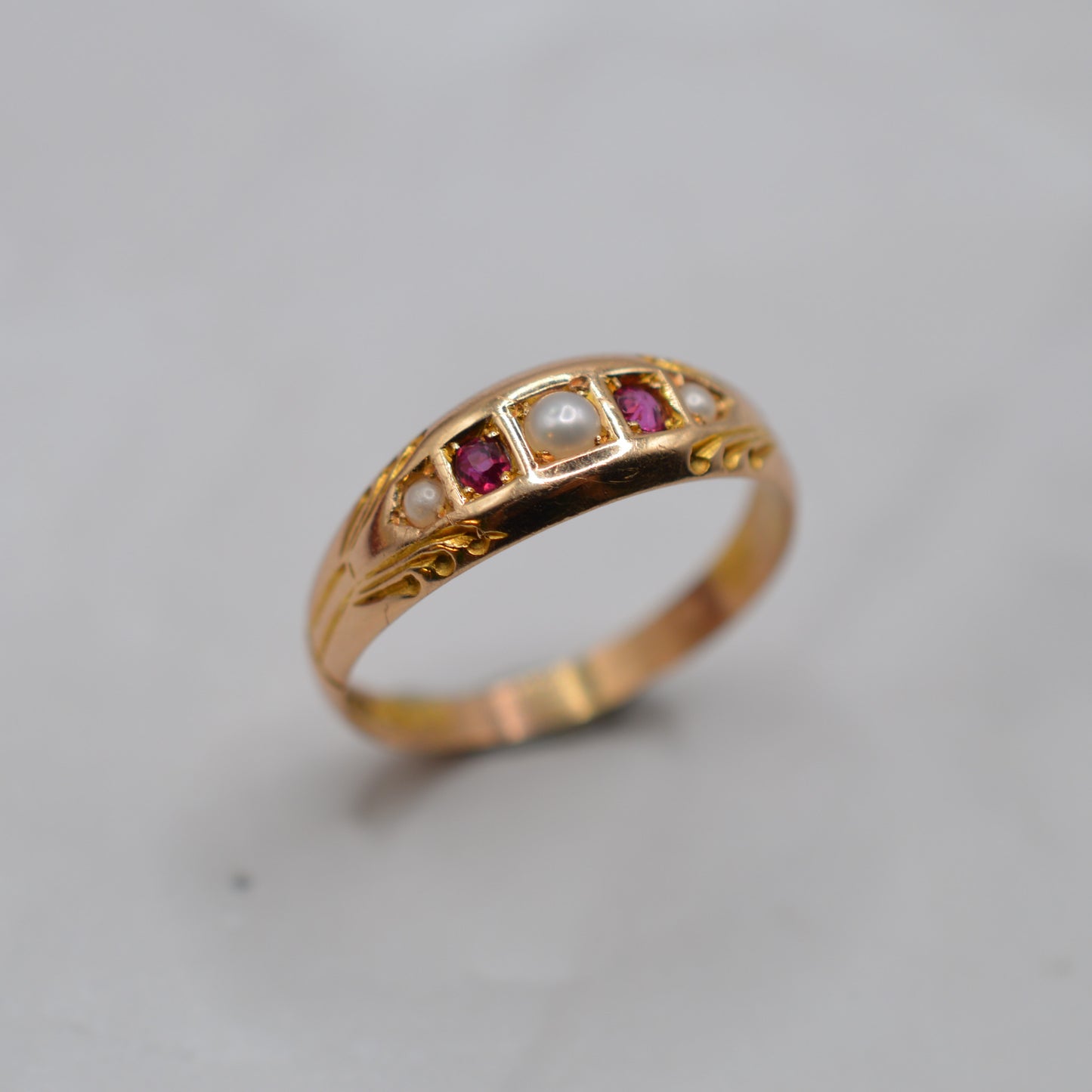 1890s Late Victorian Antique 15ct Gold Ruby & Pearl Gypsy Ring