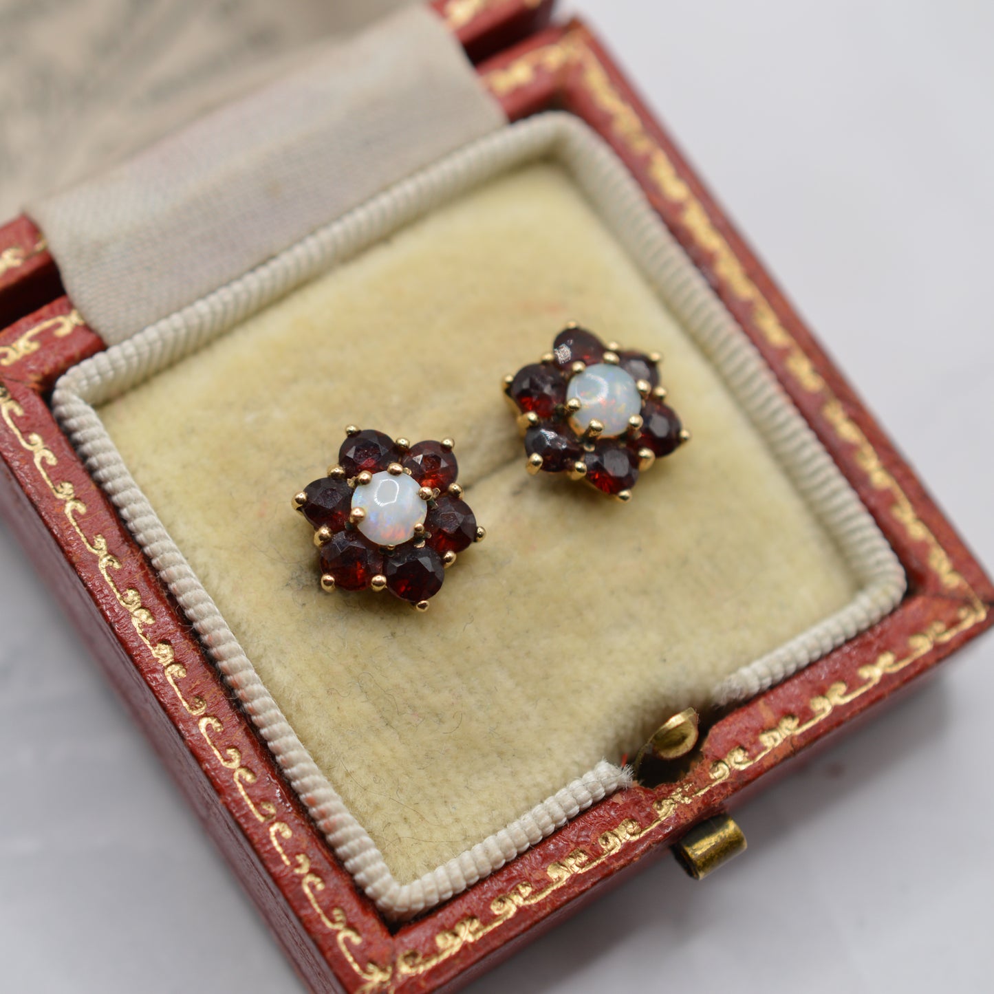 9ct Gold Opal & Garnet Floral Cluster Stud Earrings