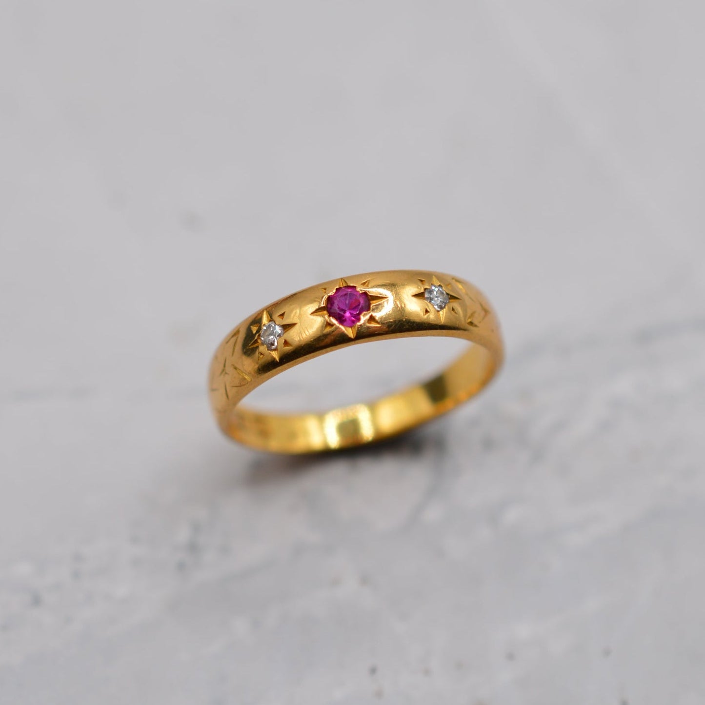 1950s Vintage 22ct Gold Ruby & Diamond Gypsy Trilogy Ring